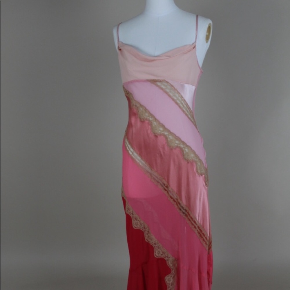 Vintage 90’s Y2K 100% Silk Slip Dress Cowl Boho Sheer Lace Backless Belladonna - Picture 9 of 16